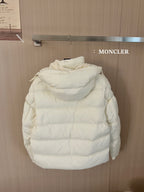 White long puffer jacket back view with hood and quilted padded panels