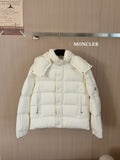 Moncler long white puffer jacket with hood and button front