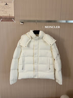 Moncler long white puffer jacket with hood and button front