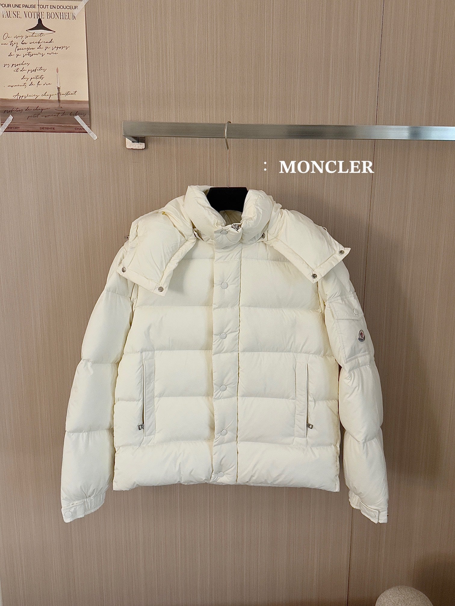Moncler long white puffer jacket with hood and button front