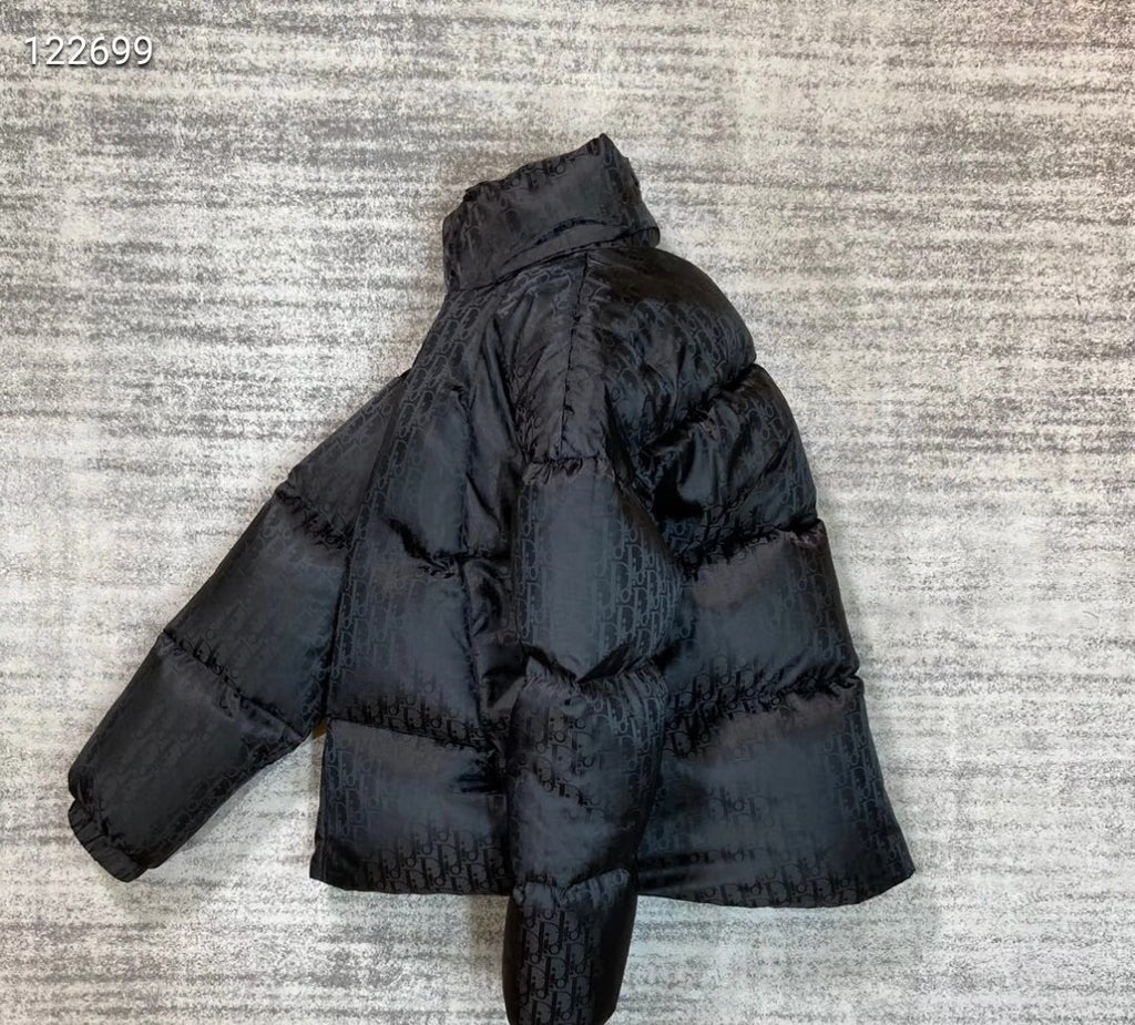 Dior long puffer jacket, dark navy, hooded back view with puffy quilted layers