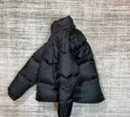 Dior long puffer jacket, dark navy, hooded back view with puffy quilted layers