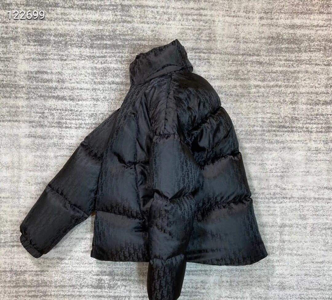 Dior long puffer jacket, dark navy, hooded back view with puffy quilted layers