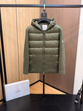 Long puffer jacket, dark olive green, full-zip with hood and snap buttons
