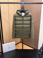 Long puffer jacket, dark olive green, full-zip with hood and snap buttons