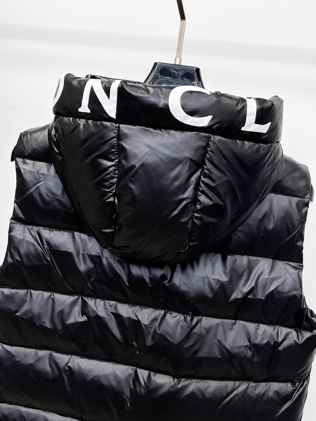 Moncler hooded puffer vest, black with large embroidered hood lettering across top