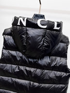Moncler hooded puffer vest, black with large embroidered hood lettering across top