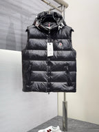 Moncler hooded puffer vest, black with front zipper and Moncler logo patch