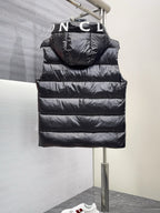 Moncler hooded puffer vest, black with striped quilting and back hood lettering