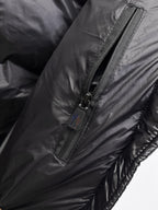 Moncler hooded puffer vest, black side zipper detail on quilted fabric