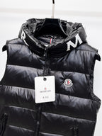 Moncler hooded puffer vest, black front panel with zipper and round Moncler badge
