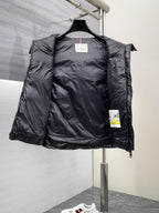 Moncler hooded puffer vest, black interior with hanging tag on chest