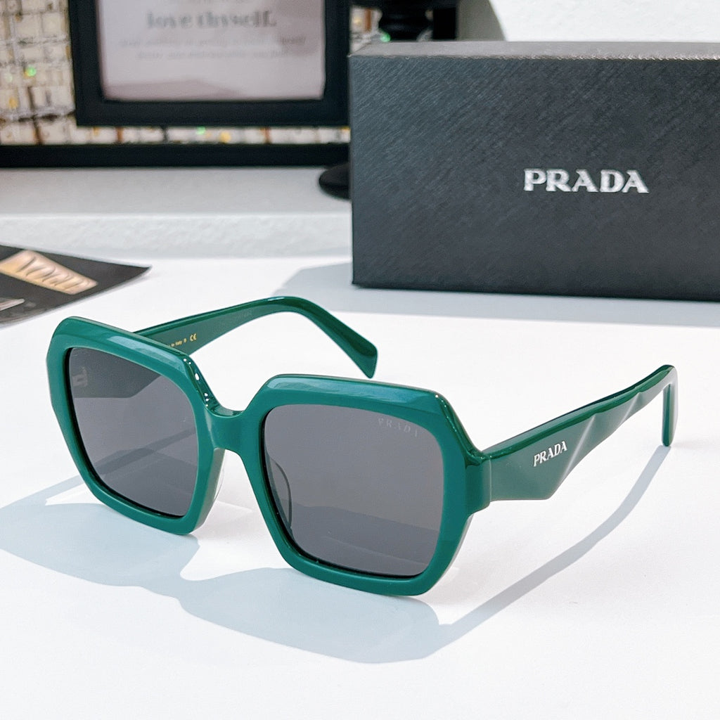 Prada sunglasses with green square frames and dark lenses