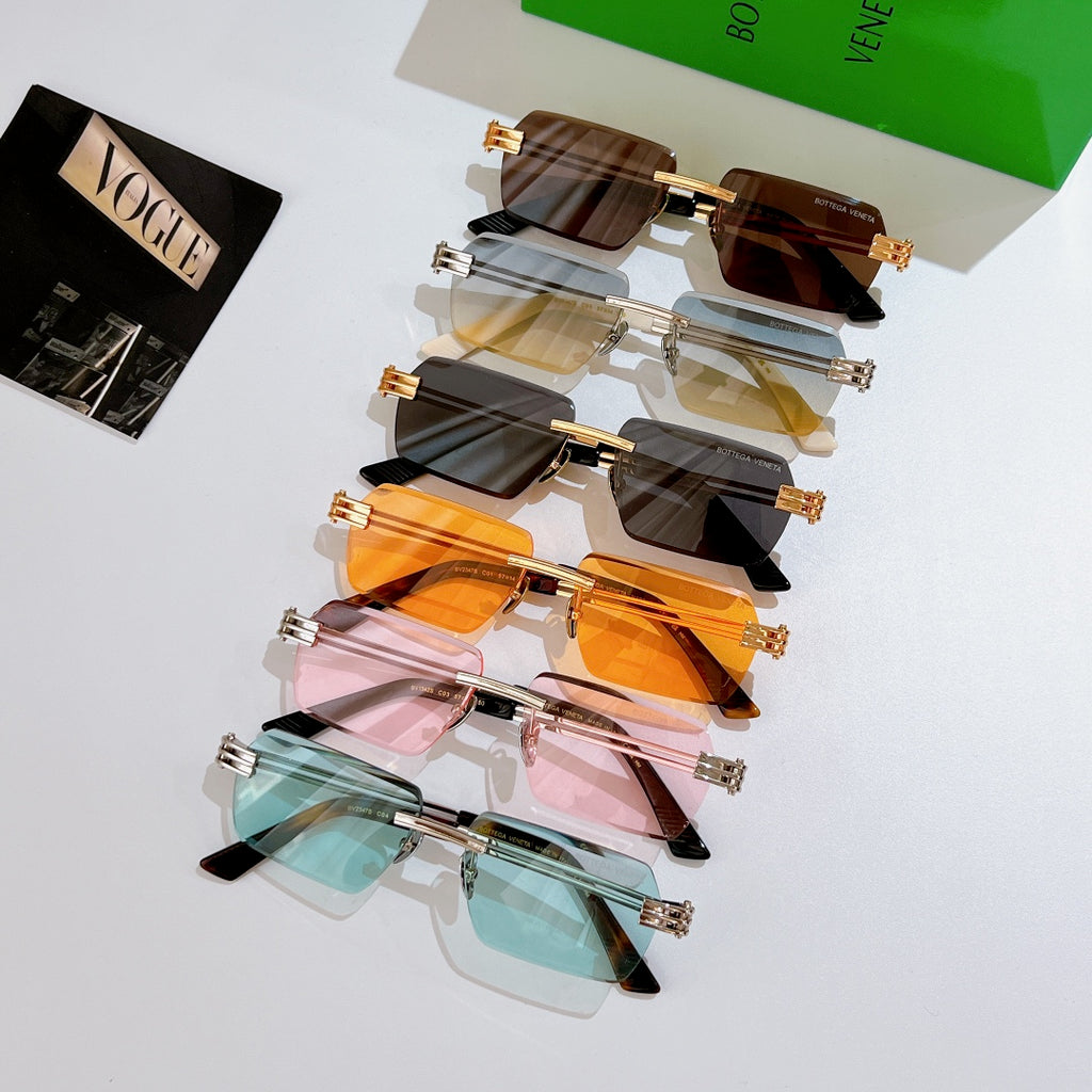 Bottega Veneta sunglasses assortment with mixed tinted lenses, gold-tone details, and frames