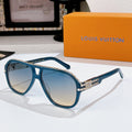 Louis Vuitton sunglasses with blue frames and tinted lenses; rhinestone detailing on temples