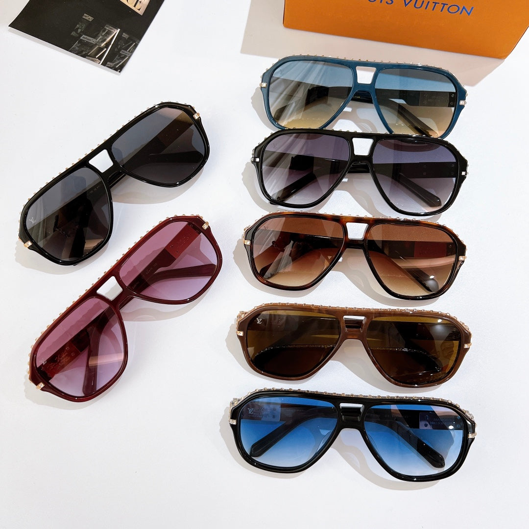 Set of five sunglasses with different frame colors and tinted lenses, each with rhinestone temple detail
