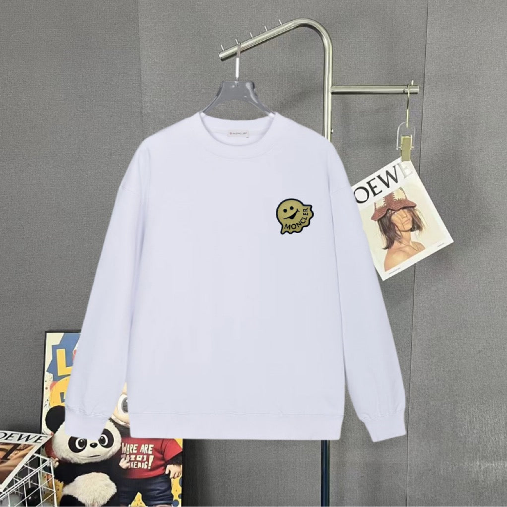 White long-sleeve sweatshirt with Moncler smile emblem on left chest