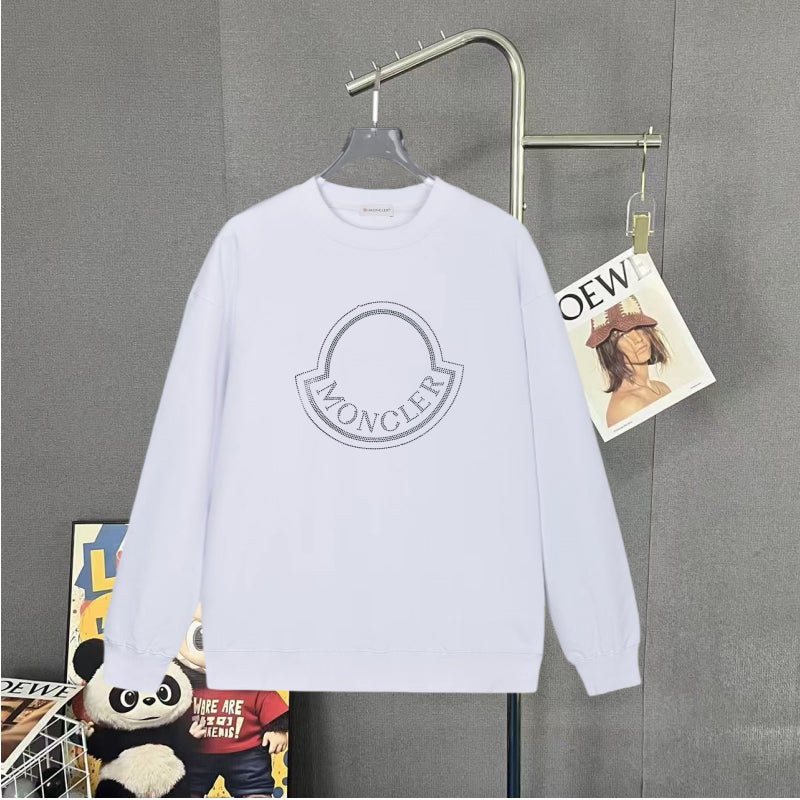 Moncler white long-sleeve sweatshirt with crest logo on chest.