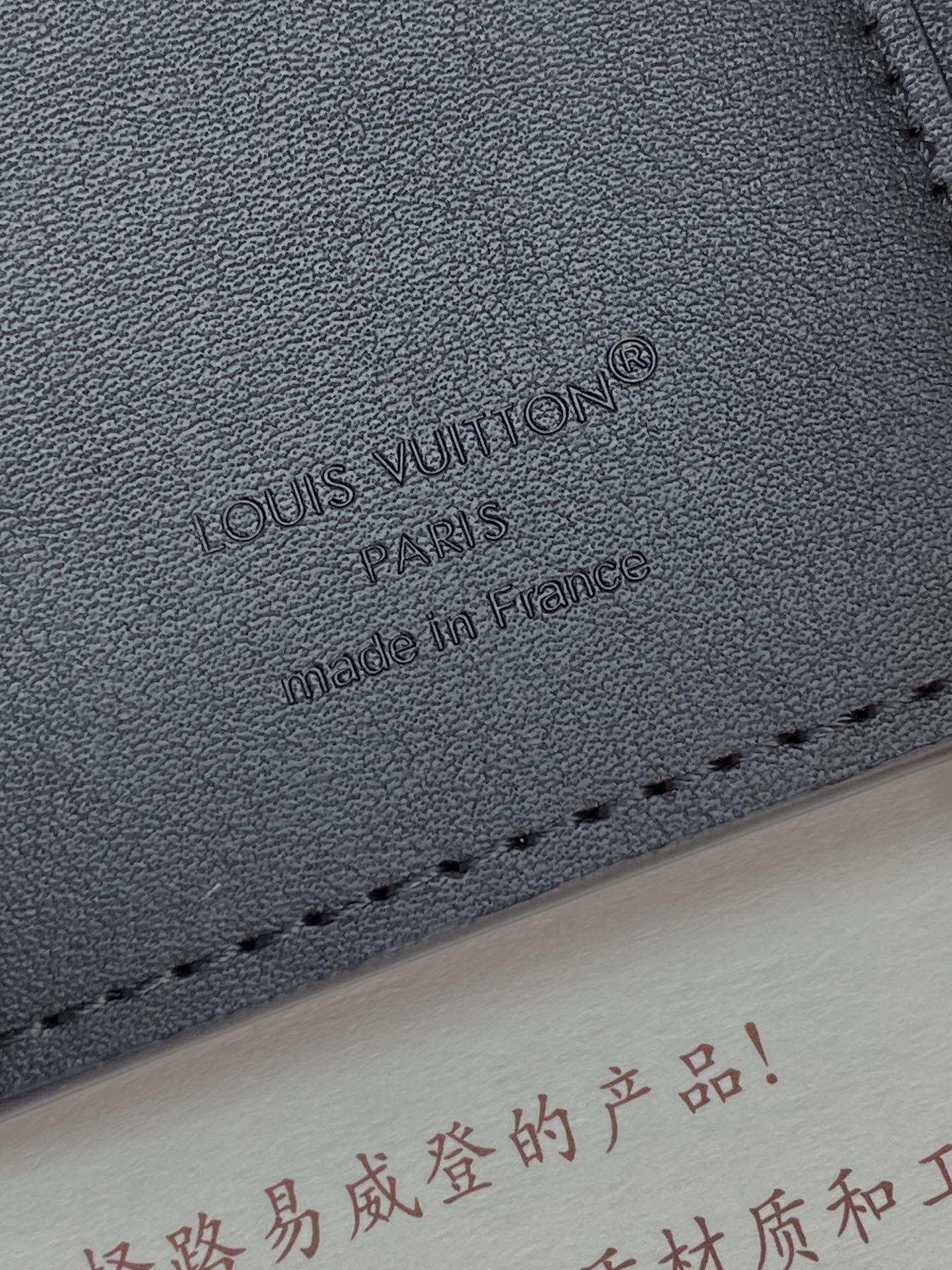 Black textured leather small bag with embossed Louis Vuitton Paris logo.