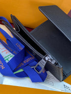 Small bag, black textured mini purse with front zipper and blue strap