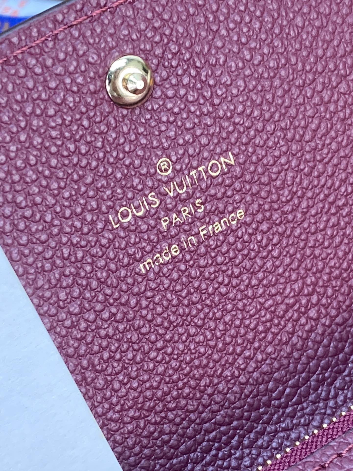 Small bag logo patch close-up: Louis Vuitton Paris with Made in France text on purple.