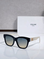 Black sunglasses with gold emblem on temple tips and tinted lenses