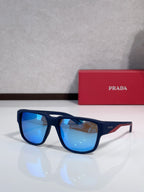 Prada sunglasses, navy frame with blue mirror lenses and red accent stripe on temples