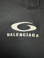 Balenciaga logo print on dark blue knit fabric pocket area
