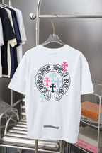 White short-sleeve T-shirt with large back circular graphic and small chest print