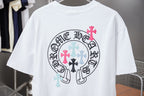 White short-sleeve T-shirt with large back circular crest graphic
