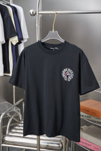 Black short-sleeve T-shirt with circular cross logo on chest