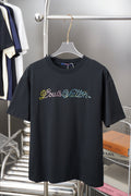Louis Vuitton T-shirt, dark navy, crew neck, gold cursive logo on front