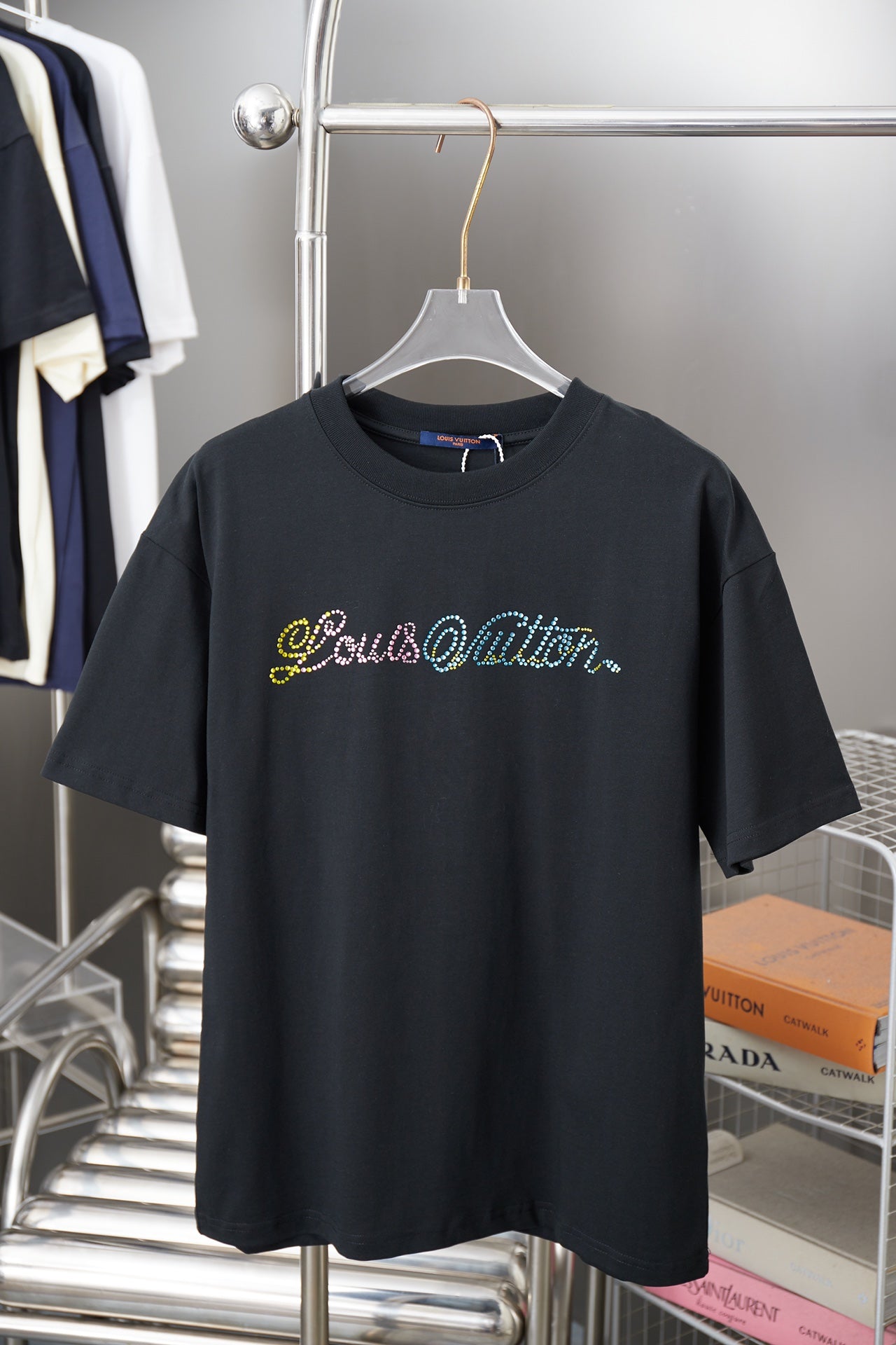 Louis Vuitton T-shirt, dark navy, crew neck, gold cursive logo on front