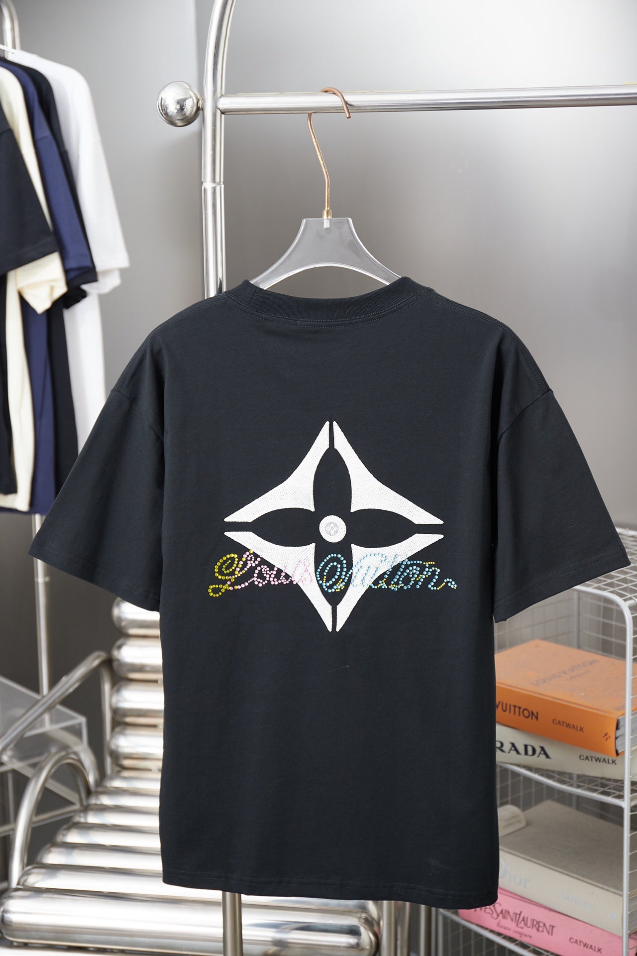 Louis Vuitton T-shirt, dark navy, crew neck, white diamond logo on back