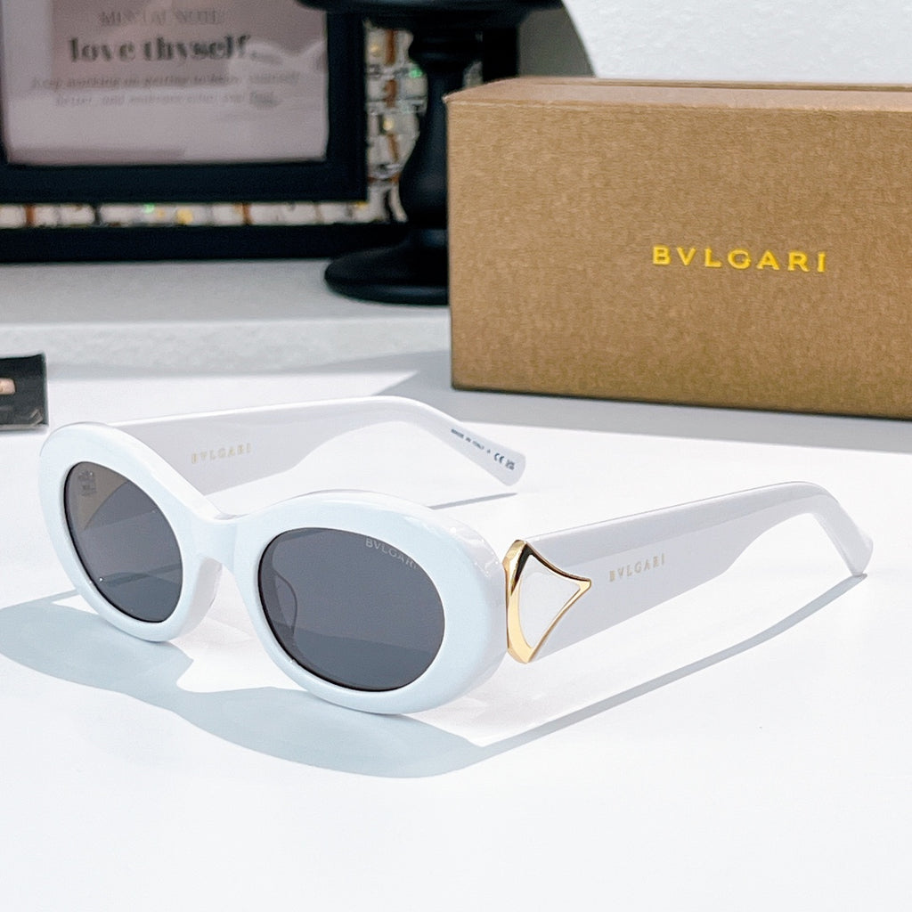 Bvlgari round sunglasses, white frames with dark lenses and gold logo accents