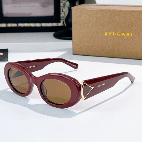 Bvlgari round sunglasses, burgundy frames with tan lenses and gold logo accents
