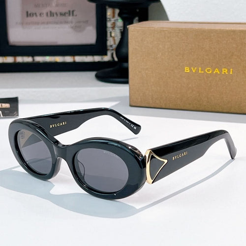 Bvlgari round sunglasses, black frames with dark gray lenses and gold logo accents