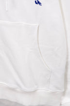 White hoodie hem with kangaroo pocket and drawstring ties