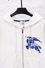 White Burberry zip-up hoodie with hood, zipper, and blue graphic