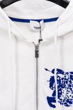 White hoodie neckline with blue inner trim and Burberry zipper tag