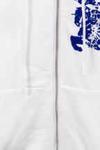 White hoodie with front zipper and blue graphic detail