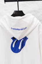 White zip-up hoodie with blue back print and attached hood