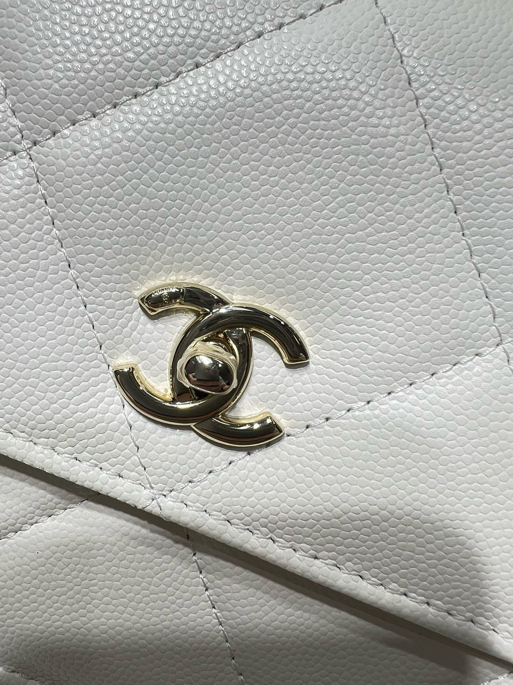 White quilted leather panel with gold CC emblem on the flap