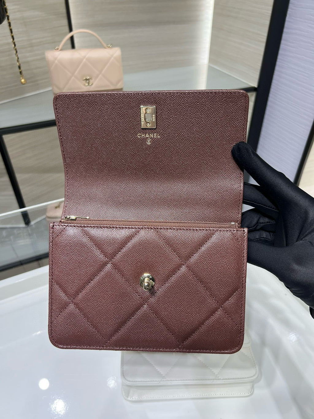 Quilted leather mini bag, burgundy, gold-tone CC clasp, top handle
