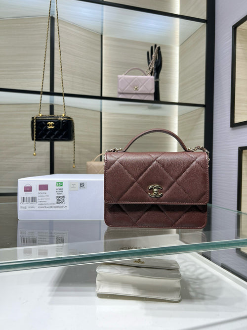 Quilted leather top-handle bag, burgundy, gold-tone CC logo