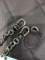 Metal chain and clasp on quilted leather bag, dark hardware