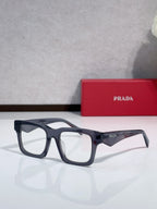 Eyeglasses with dark blue full-rim frames and rectangular lenses.