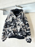 Balenciaga camo fleece zip-up jacket with hood, black and beige