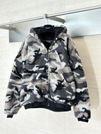 Balenciaga camo fleece zip-up jacket with hood, black and beige