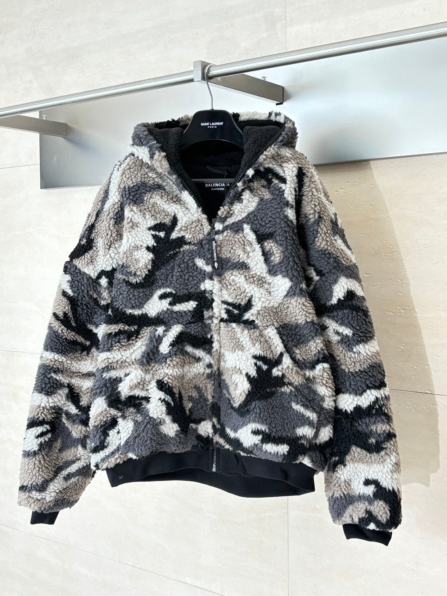 Balenciaga camo fleece zip-up jacket with hood, black and beige